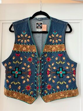 Embroidered Denim Vest in Blue with Multicolor Floral Motif